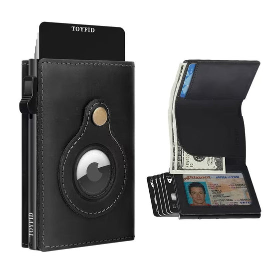 TOYFID Leather Wallet for Men, RFID Blocking Pop up Card Holder with Slide Ejector Button, ID Window, Airtag Slot, Mirror, Large Capacity Organiser for Credit Card/Bank Card/Cash